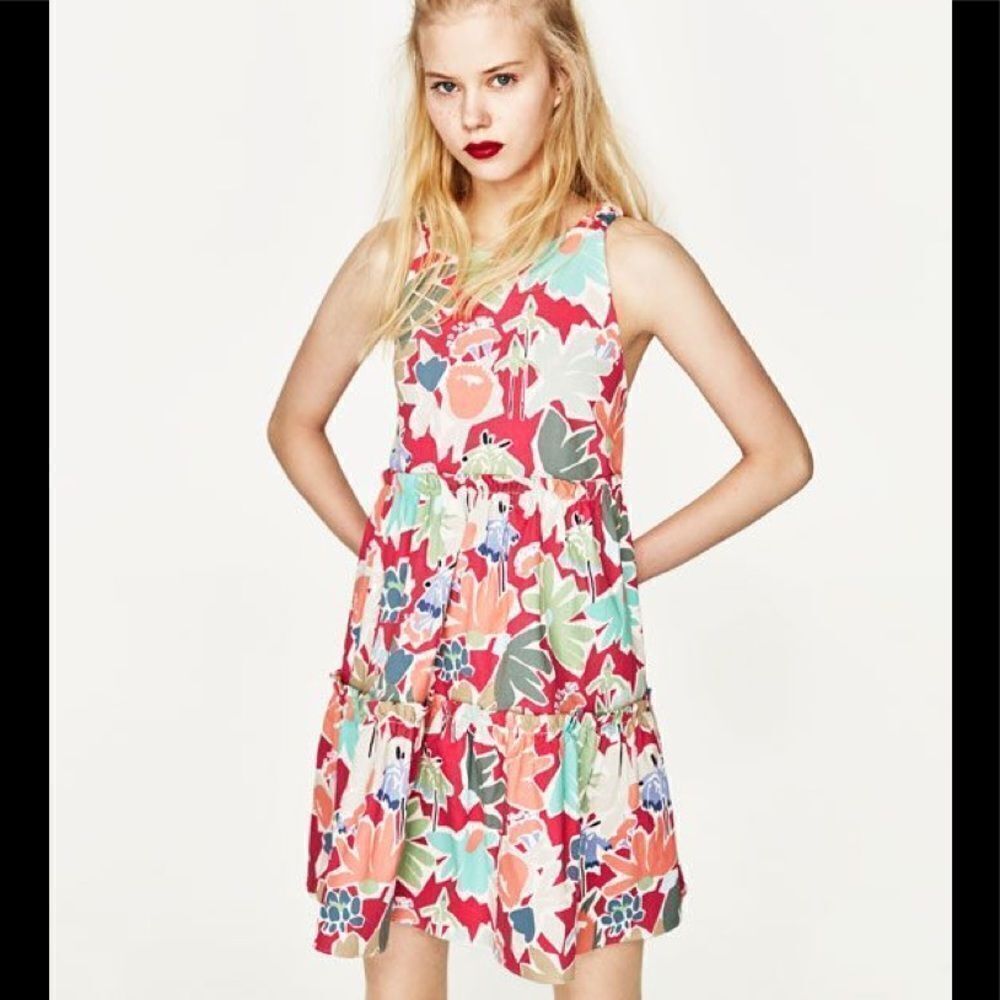 Zara Trafaluc Collection Pink Floral Dress Low Back Size L - Picture 1 of 7